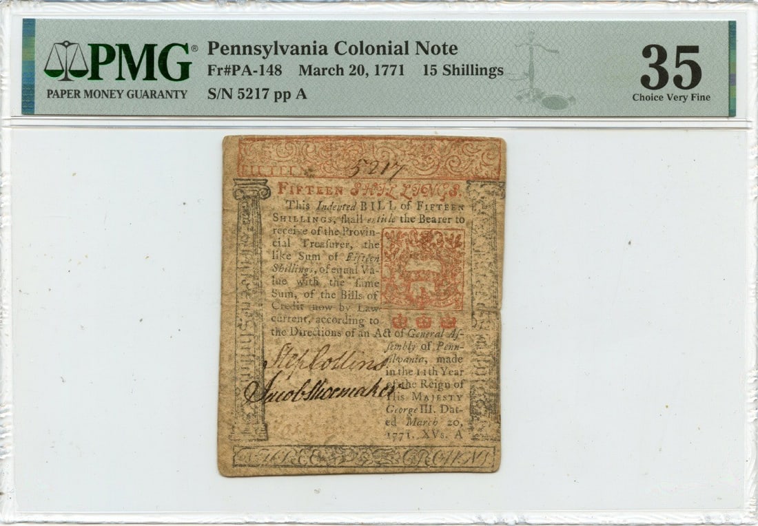1771 Pennsylvania Colonial Note 15 Shillings PMG VF35 Certified (1 of 2)