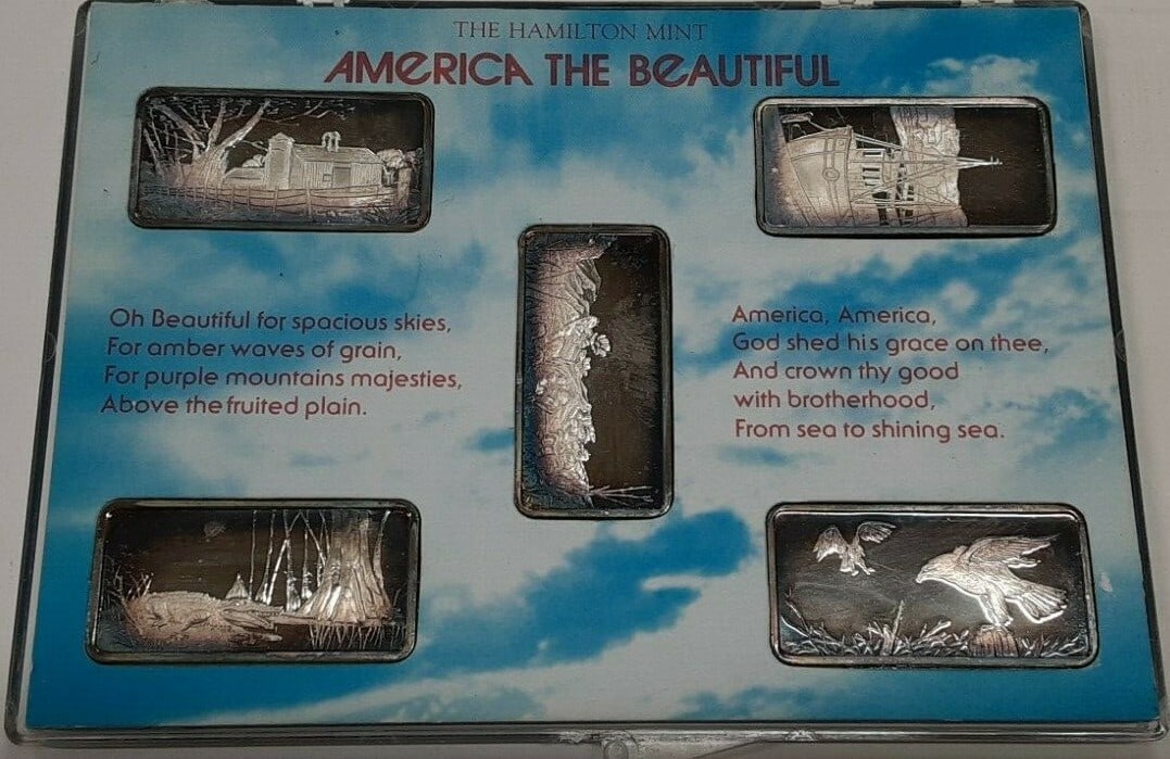 Set of 5 America the Beautiful 1oz .999 Silver Ingots by Hamilton Mint: Set of 5 America the Beautiful 1oz .999 Silver Ingots by Hamilton Mint This collection features five 1 troy ounce ingots from the America the Beautiful series by the Hamilton Mint. Each ingot is craft