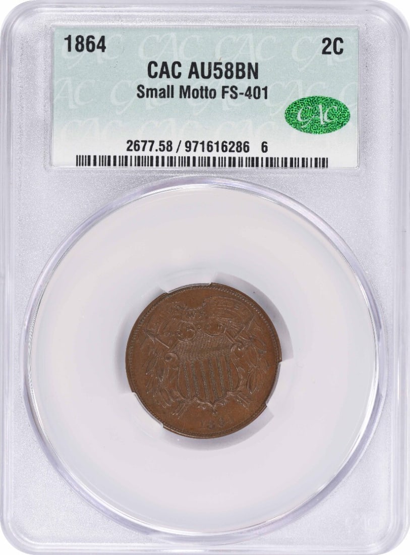1864 Small Motto Two Cent Bronze Coin AU58BN Certified by CACG: 1864 Small Motto Two Cent Bronze Coin AU58BN Certified by CACG This is an 1864 Two Cent Piece featuring the Small Motto variety. Graded AU58BN and certified by CACG, this circulated coin was minted in