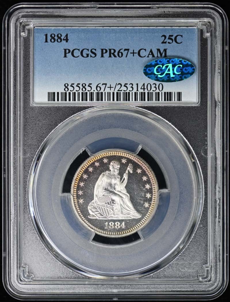 1884 Liberty Seated Quarter PCGS PR67+CAM CAC Certified: 1884 Liberty Seated Quarter PCGS PR67+CAM CAC Certified This beautifully preserved 1884 Liberty Seated Quarter is graded PR67+ by PCGS, showcasing its exceptional quality and detail. As a proof strike