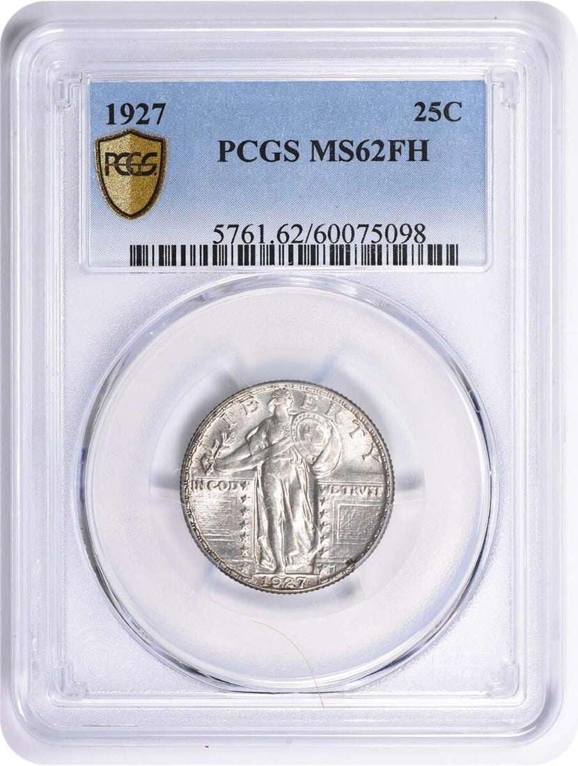 1927 Standing Liberty Quarter MS62FH PCGS 90% Silver Coin: 1927 Standing Liberty Quarter MS62FH PCGS 90% Silver Coin This 1927 Standing Liberty Silver Quarter is a remarkable piece of numismatic history, certified by PCGS with a grade of MS62FH. Struck at the