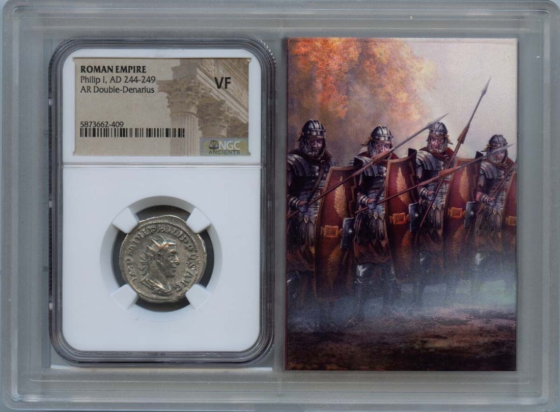Philip I Ancient Roman AR Double-Denarius NGC VF20 Certified Coin: Philip I Ancient Roman AR Double-Denarius NGC VF20 Certified Coin This is an Ancient Roman AR Double-Denarius from the reign of Philip I, dating from AD 244-249. It has been certified by NGC with a gr