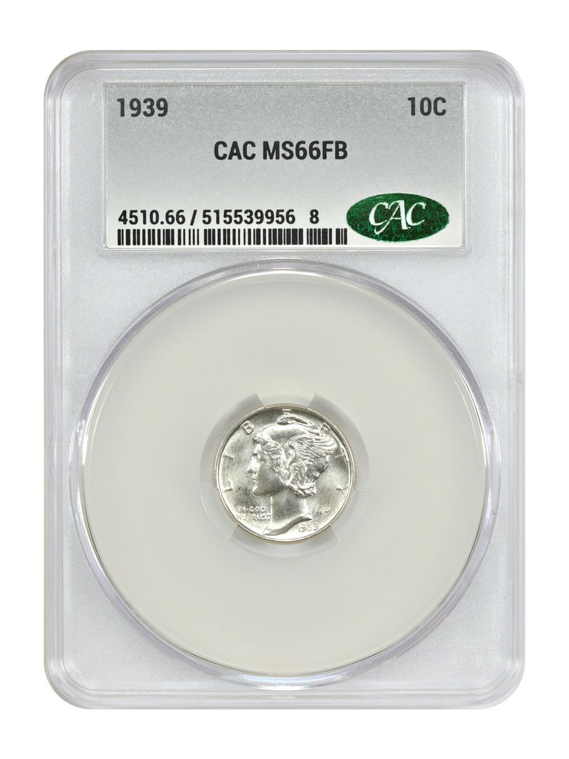 CACG MS66FB 1939 Mercury Dime Philadelphia 10C Uncirculated: CACG MS66FB 1939 Mercury Dime Philadelphia 10C Uncirculated This is a 1939 Mercury Dime graded MS66FB by CACG, indicating it is in uncirculated condition with full bands. Struck in Philadelphia, this