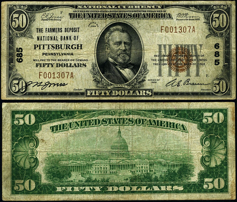 1929 T-1 $50 National Bank Note Farmers Deposit Pittsburgh PA (1 of 3)