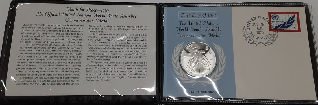 Sterling Silver UN World Youth Assembly Medal by Franklin Mint in First Day Cover: Sterling Silver UN World Youth Assembly Medal by Franklin Mint in First Day Cover This Franklin Mint United Nations World Youth Assembly sterling silver medal comes in its original First Day Cover and