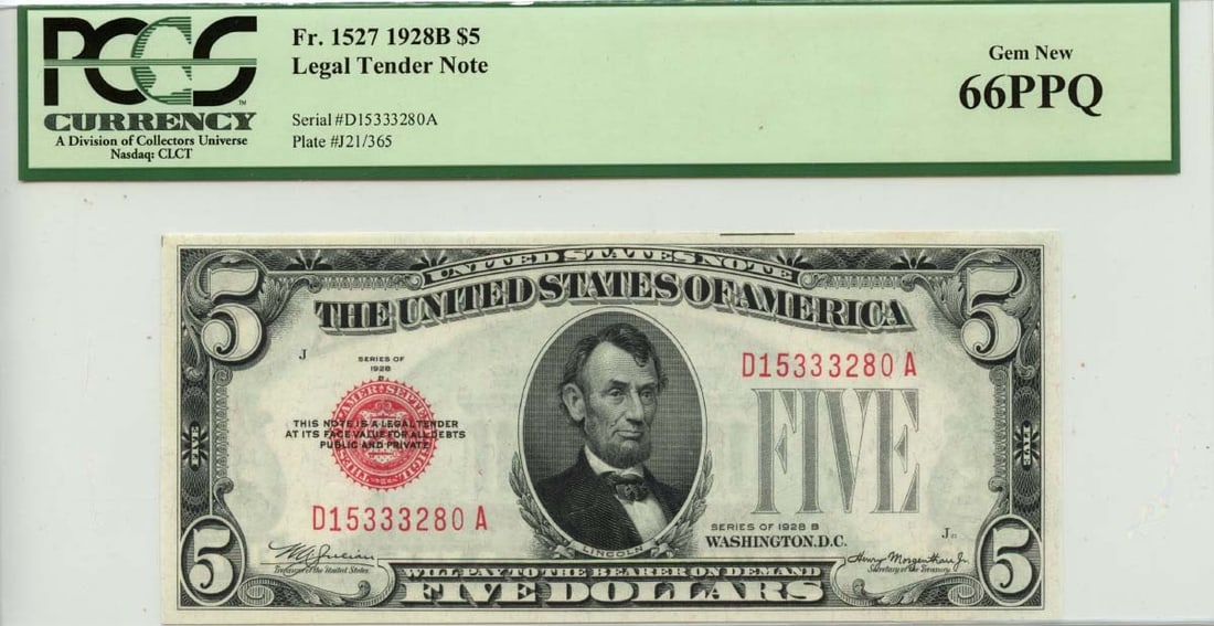 1928B $5 Legal Tender Note FR#1527 PCGS MS66 Gem Uncirculated: 1928B $5 Legal Tender Note FR#1527 PCGS MS66 Gem Uncirculated This 1928B $5 Legal Tender Note (FR#1527) is a stunning example of currency history. Graded by PCGS as Gem 65 PPQ, it showcases exceptiona