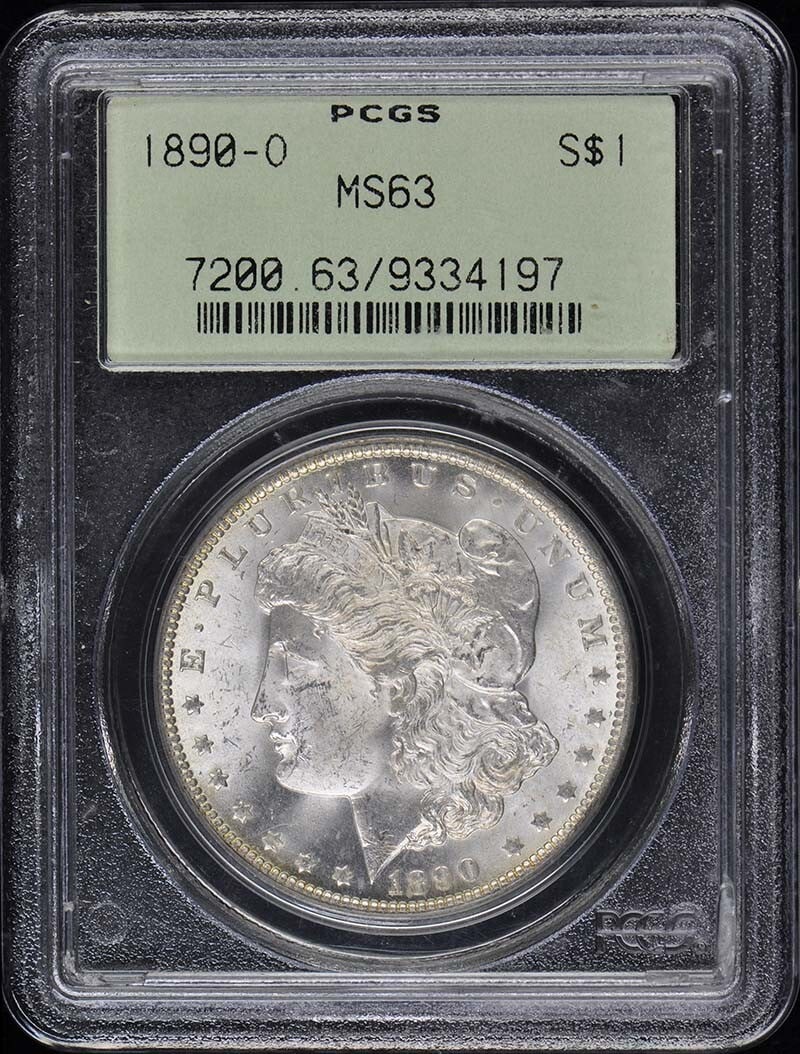 1890-O Morgan Dollar PCGS MS63 Uncirculated New Orleans: 1890-O Morgan Dollar PCGS MS63 Uncirculated New Orleans This 1890-O Morgan Dollar is certified by PCGS, boasting a grade of MS63. Minted in New Orleans, this uncirculated coin is a remarkable example