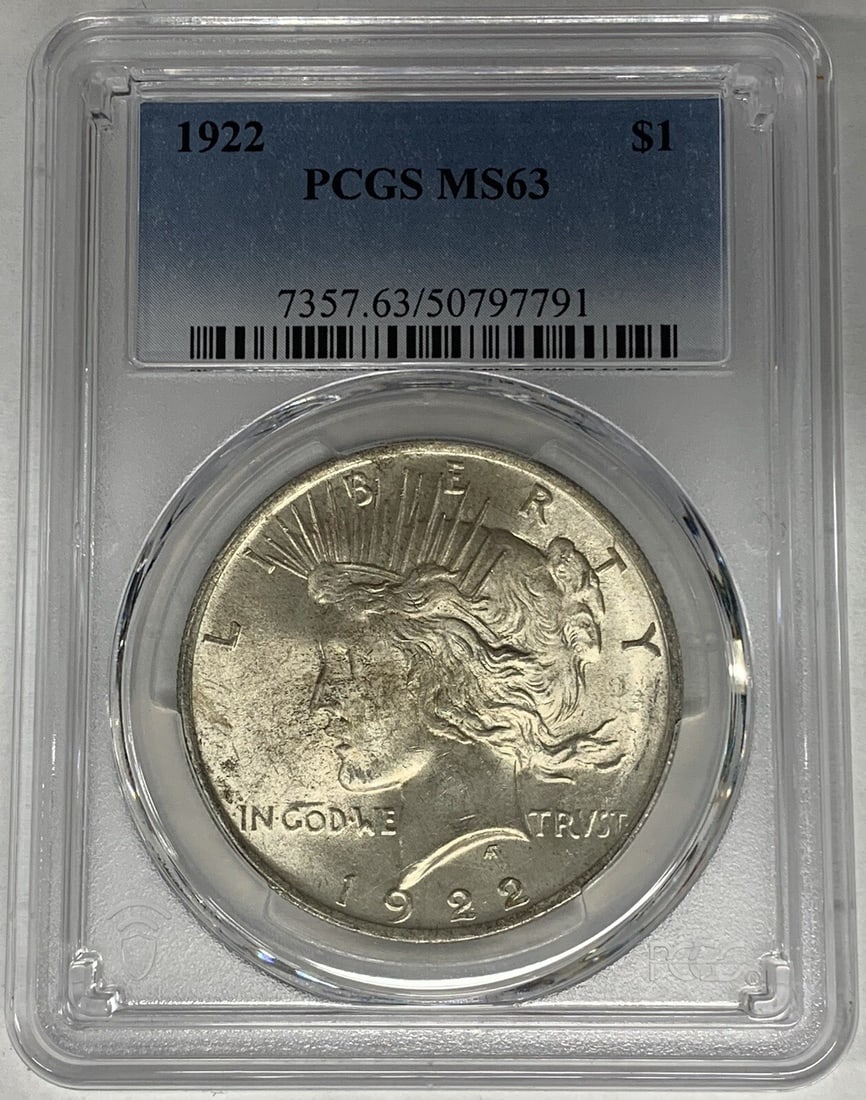 1922 PCGS MS 63 Peace Dollar Silver $1 Coin United States: 1922 PCGS MS 63 Peace Dollar Silver $1 Coin United States This 1922 Peace Silver Dollar coin is certified by PCGS with a grade of MS 63. It is composed of silver, features the Peace design, and is unc