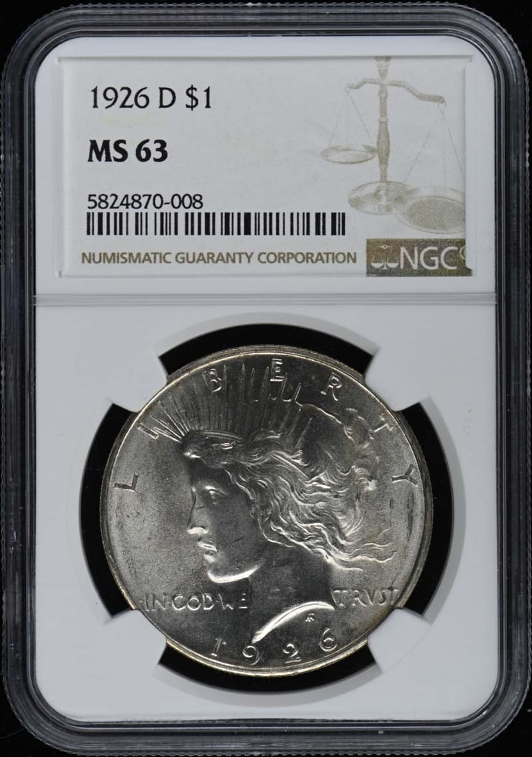 1926-D Peace Dollar NGC MS63 Uncirculated Denver: 1926-D Peace Dollar NGC MS63 Uncirculated Denver This 1926-D Peace Dollar is a remarkable piece of numismatic history, certified by NGC with a grade of MS63. Struck in Denver, this uncirculated coin s