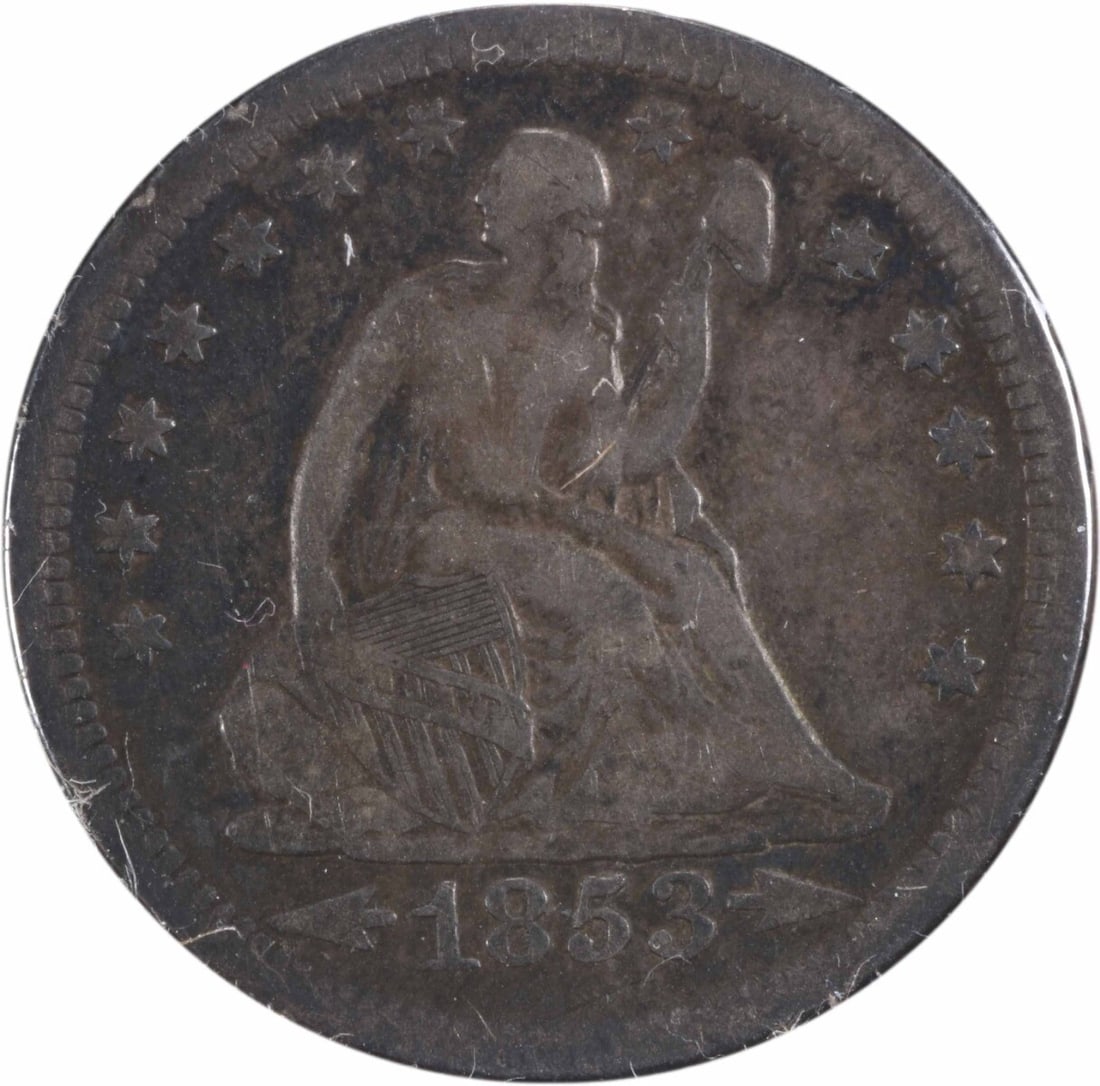 1853-O Liberty Seated Quarter 90% Silver Uncertified F: 1853-O Liberty Seated Quarter 90% Silver Uncertified F This 1853-O Liberty Seated Quarter features the Arrows and Rays design and is categorized as Fine (F) condition. Minted in New Orleans, this coin