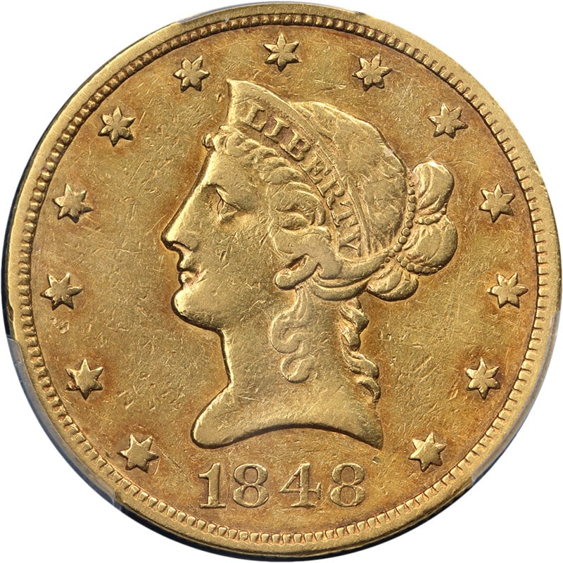PCGS XF40 1848 Philadelphia Liberty Gold Ten Dollar Coin: PCGS XF40 1848 Philadelphia Liberty Gold Ten Dollar Coin This original 1848-P Liberty Gold $10 coin is graded PCGS XF40, indicating it is in Extra Fine condition. It features attractive luster, a shar