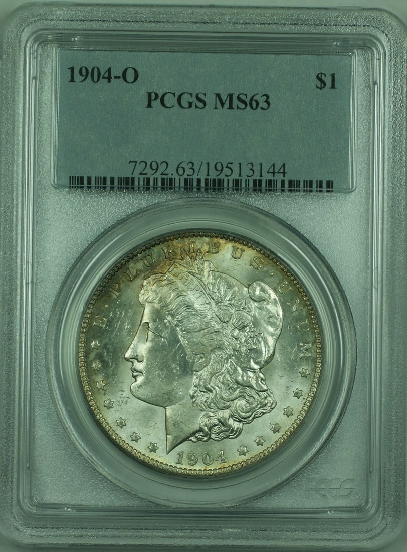 PCGS MS-63 1904-O Morgan Dollar Silver $1 Coin With Toning: PCGS MS-63 1904-O Morgan Dollar Silver $1 Coin With Toning This 1904-O Morgan Silver Dollar is an uncirculated $1 coin, graded MS-63 by PCGS. Minted in New Orleans, it features a silver composition wi