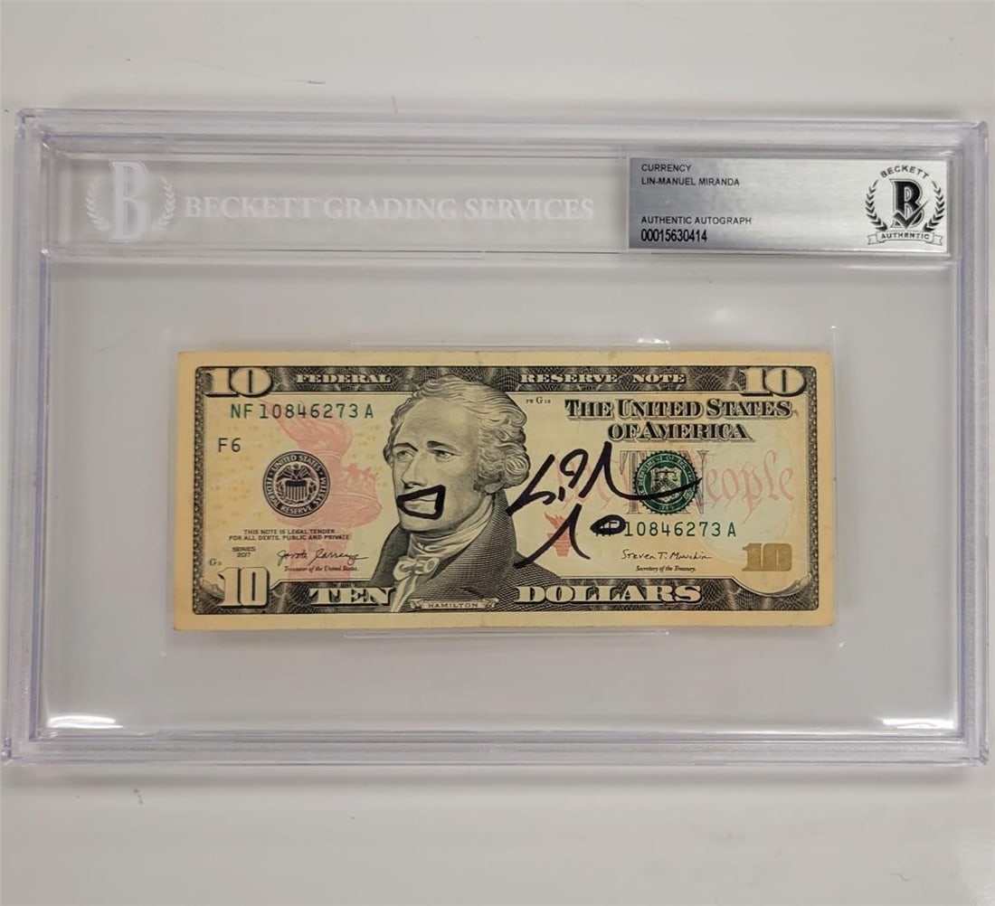 Lin-Manuel Miranda Autographed $10 Bill Beckett Authenticated: Lin-Manuel Miranda Autographed $10 Bill Beckett Authenticated This is an original signed ten dollar bill by Lin-Manuel Miranda, renowned creator of the musical Hamilton. The autograph has been authent