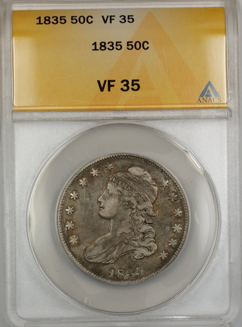 1835 ANACS VF 35 Silver Half Dollar Capped Bust 50 Cent Coin: 1835 ANACS VF 35 Silver Half Dollar Capped Bust 50 Cent Coin This 1835 Capped Bust Silver Half Dollar is a collectible coin certified by ANACS with a grade of VF-35. Minted in Philadelphia, this circu