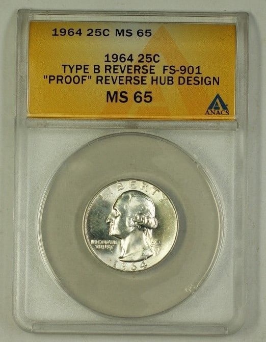ANACS MS-65 1964 Washington Quarter FS-901 Type B Reverse Silver Coin: ANACS MS-65 1964 Washington Quarter FS-901 Type B Reverse Silver Coin This 1964 Washington Quarter features the Type B Reverse Hub Design, classified as variety FS-901. Certified by ANACS with a grade