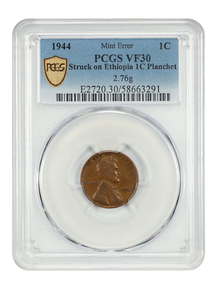 1944 Lincoln Cent Mint Error Struck on Ethiopia Planchet PCGS VF30: 1944 Lincoln Cent Mint Error Struck on Ethiopia Planchet PCGS VF30 This 1944 Lincoln Cent is a remarkable mint error, struck on an Ethiopian 1C planchet. Graded VF30 by PCGS, this coin features modera