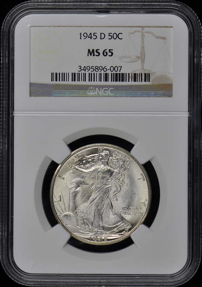 1945-D Walking Liberty Half Dollar NGC MS65 Uncirculated: 1945-D Walking Liberty Half Dollar NGC MS65 Uncirculated This 1945-D Walking Liberty Half Dollar is a stunning example of American coinage, graded MS65 by NGC, ensuring its uncirculated condition and