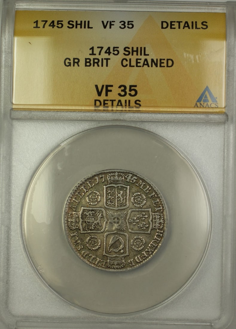 1745 United Kingdom Silver Shilling ANACS VF-35 Details George II Cleaned: 1745 United Kingdom Silver Shilling ANACS VF-35 Details George II Cleaned This 1745 Great Britain Silver Shilling coin features King George II and has been certified by ANACS with a grade of VF-35 Det