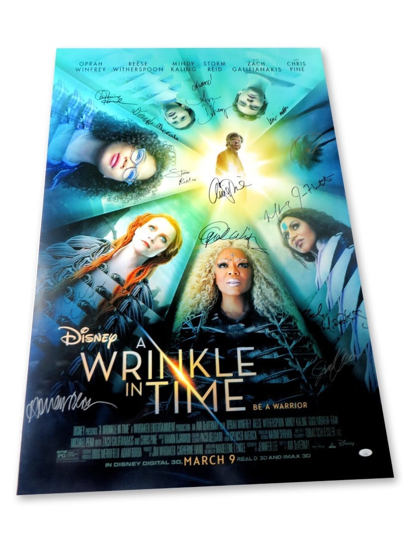 A Wrinkle in Time 27x40 Autographed Poster Oprah Winfrey Chris Pine JSA Certified: A Wrinkle in Time 27x40 Autographed Poster Oprah Winfrey Chris Pine JSA Certified This original 27" x 40" poster for 'A Wrinkle in Time' is a unique collectible, featuring the autographs of notable ca