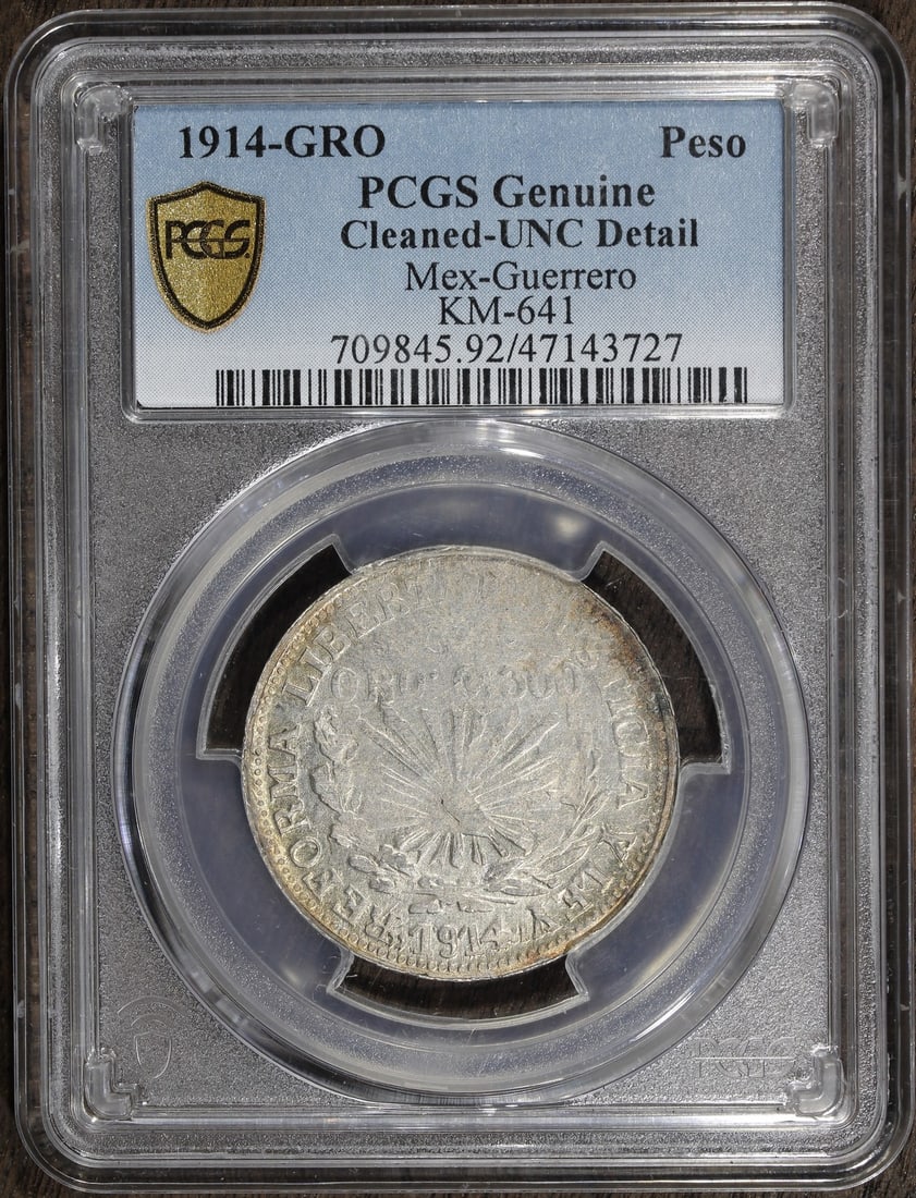 1914 Mexico Guerrero 1 Peso Coin Certified PCGS Silver Revolutionary: 1914 Mexico Guerrero 1 Peso Coin Certified PCGS Silver Revolutionary This 1914 Guerrero 1 Un Peso coin is a striking piece from Mexico's revolutionary era, showcasing a denomination of 1 Peso. It is c
