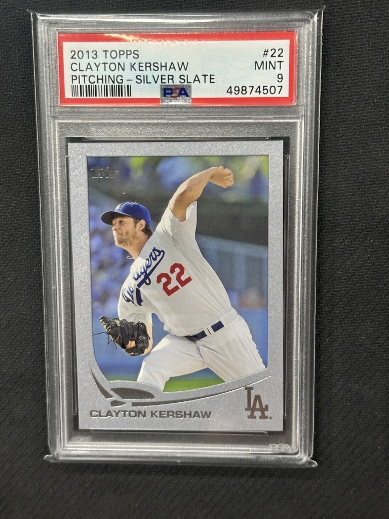 Clayton Kershaw 2013 Topps Silver Slate PSA 9 Dodgers Card #22: Clayton Kershaw 2013 Topps Silver Slate PSA 9 Dodgers Card #22 Showcasing a remarkable piece for any baseball card collector, this is the Clayton Kershaw 2013 Topps Silver Slate Baseball Card, graded