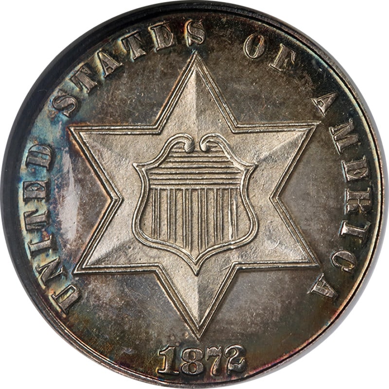 1872 Silver Three Cent Proof Coin NGC PF64 Certified: 1872 Silver Three Cent Proof Coin NGC PF64 Certified This original 1872 Three Cent Silver Proof coin is graded NGC PF64. It features a strong strike, excellent luster, and attractive surfaces with app