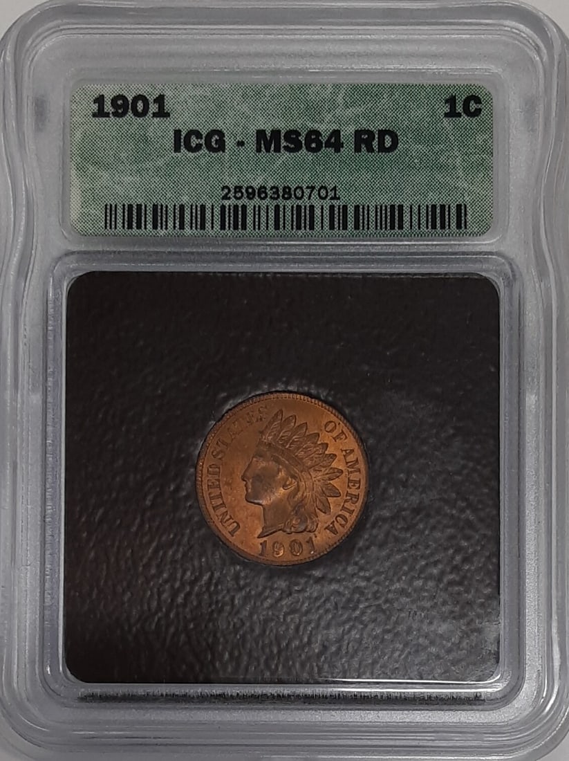 ICG MS 64 Red 1901 Indian Head Bronze Cent from Philadelphia: ICG MS 64 Red 1901 Indian Head Bronze Cent from Philadelphia This 1901 Indian Head Cent is an uncirculated small cent coin from the United States, composed of bronze. Graded MS 64 with a red color des