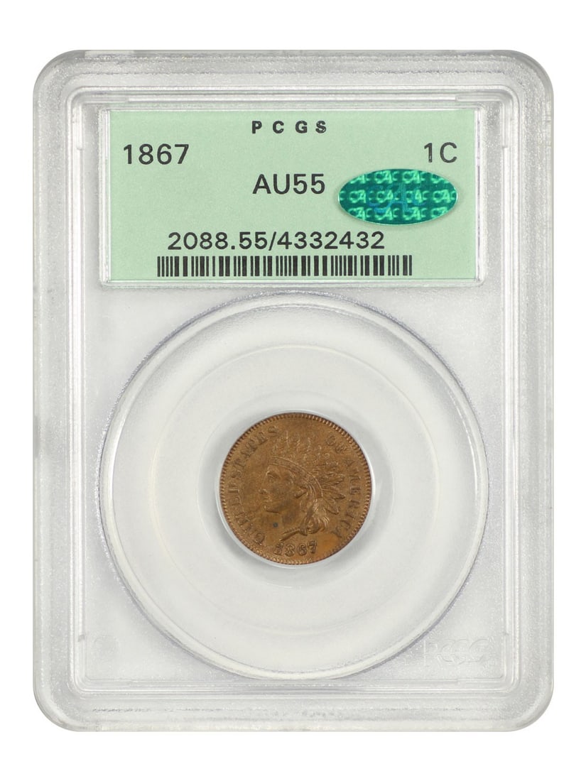 PCGS CAC AU55 1867 Indian Head Cent Old Green Holder: PCGS CAC AU55 1867 Indian Head Cent Old Green Holder This 1867 Indian Cent is graded AU55 by PCGS and certified by CAC, indicating a high-quality example with attractive eye appeal. The coin is a bett