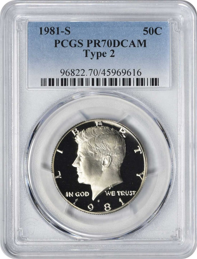 1981-S Kennedy Half Dollar PR70DCAM PCGS Proof 70 Deep Cameo: 1981-S Kennedy Half Dollar PR70DCAM PCGS Proof 70 Deep Cameo This 1981-S Type 2 Kennedy Half Dollar is certified by PCGS as a PR70 Deep Cameo, indicating the highest grade possible for proof coins. Th