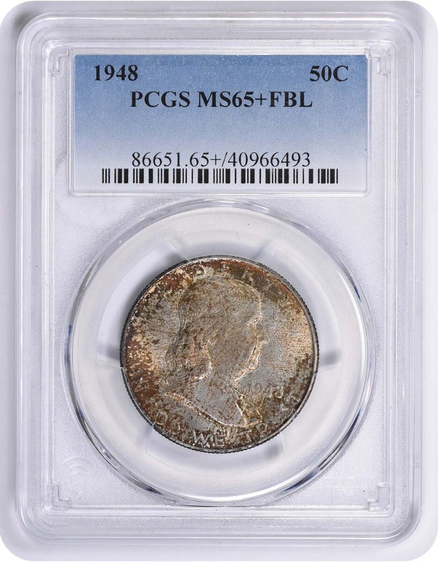 1948 Franklin Silver Half Dollar MS65+FBL PCGS Uncirculated: 1948 Franklin Silver Half Dollar MS65+FBL PCGS Uncirculated This 1948 Franklin Silver Half Dollar is a stunning example of American coinage, certified by PCGS with a grade of MS65+FBL. Featuring the r