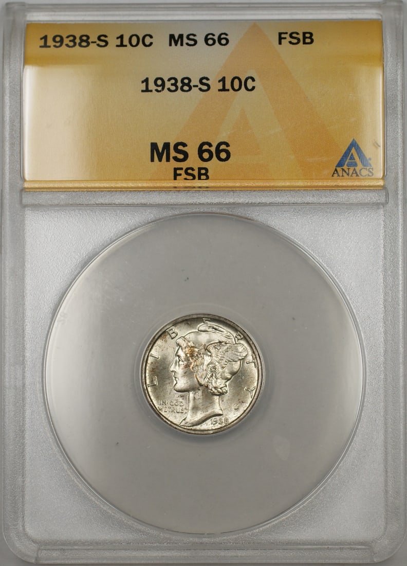 ANACS MS66 1938-S Mercury Dime Silver Coin With Full Split Bands (1 of 2)