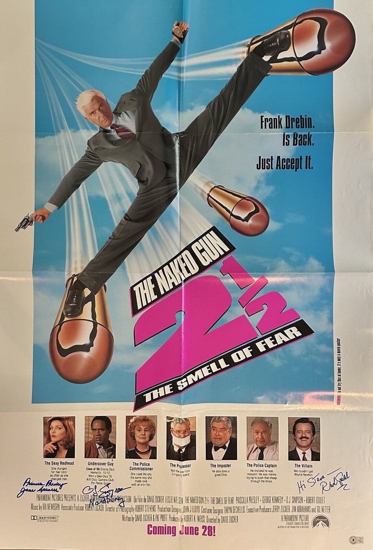 Naked Gun 2 1/2 Autographed Poster OJ Simpson Priscilla Presley Beckett Certified: Naked Gun 2 1/2 Autographed Poster OJ Simpson Priscilla Presley Beckett Certified This is a full-size poster from the movie "Naked Gun 2 1/2: The Smell of Fear," measuring 27x41 inches. It features au