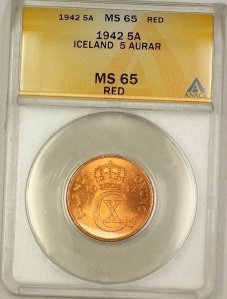 ANACS MS-65 Red 1942 Iceland 5 Aurar Copper Coin GEM Uncirculated: ANACS MS-65 Red 1942 Iceland 5 Aurar Copper Coin GEM Uncirculated This 1942 Iceland 5A Five Aurar coin is composed of copper and has been certified by ANACS with a grade of MS 65 Red GEM BU. The coin