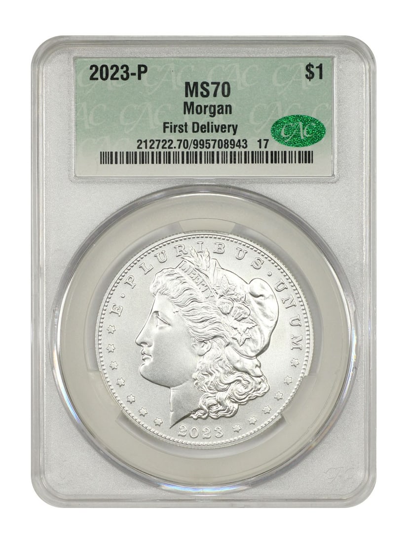 2023 Morgan Silver Dollar Philadelphia CACG MS70 First Delivery: 2023 Morgan Silver Dollar Philadelphia CACG MS70 First Delivery This is a 2023-P Morgan Dollar, graded MS70 by CACG and designated as a First Delivery. The coin is uncirculated and was minted in Phila