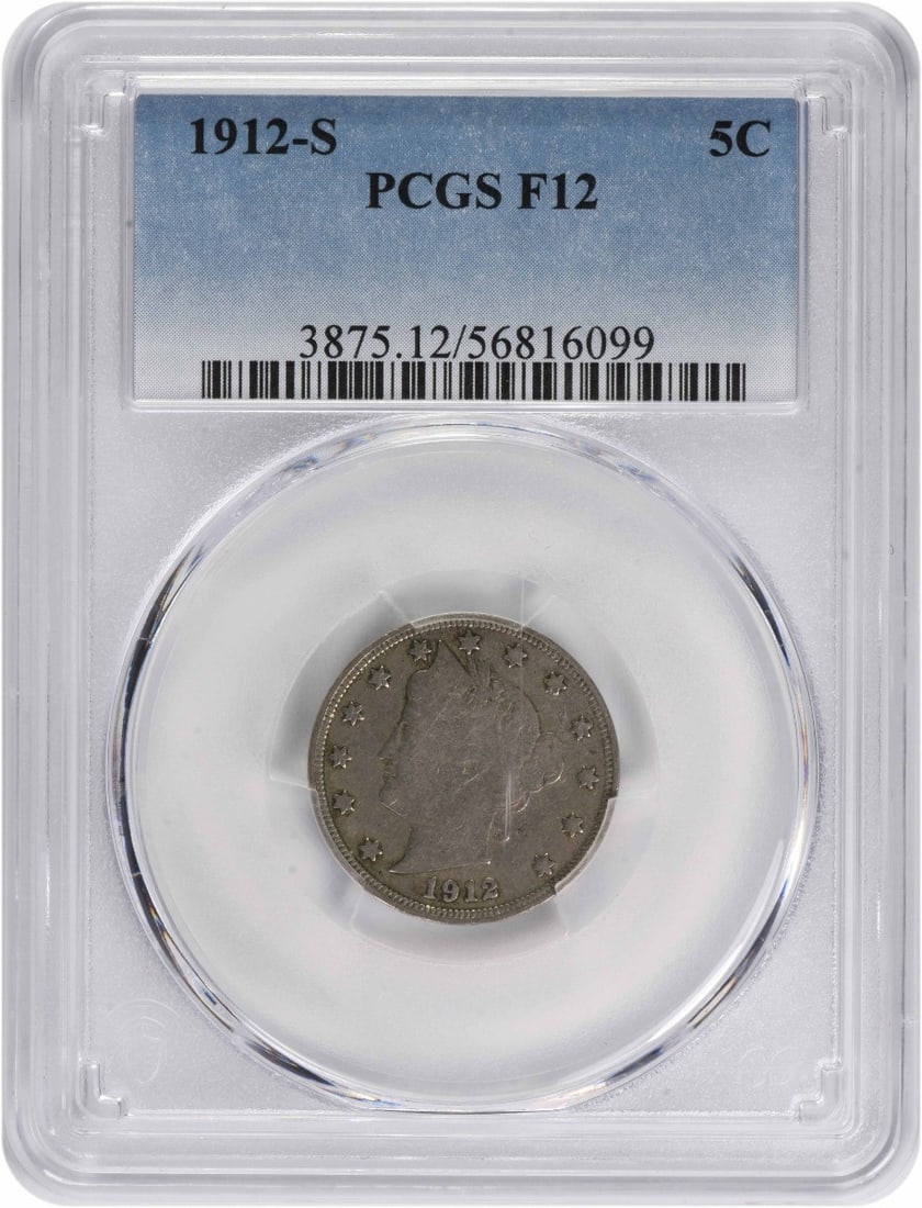 San Francisco Mint 1912 Liberty Nickel 5C PCGS Certified Fine: San Francisco Mint 1912 Liberty Nickel 5C PCGS Certified Fine This 1912-S Liberty Nickel is a circulated coin graded F12 by PCGS. Struck at the San Francisco Mint, it features the classic Liberty desi