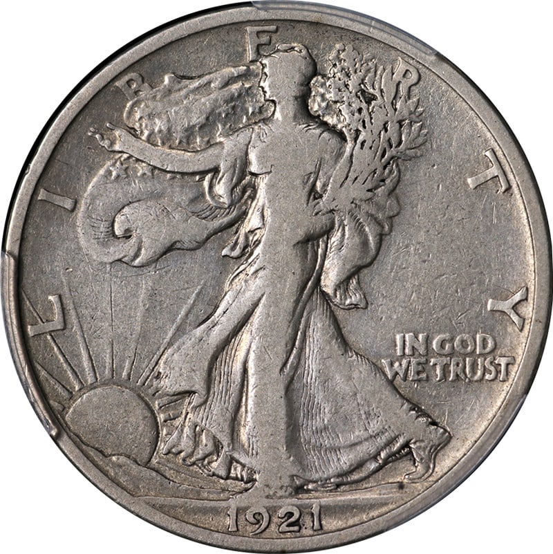 1921-S Walking Liberty Half PCGS F15 Silver Coin with Eye Appeal: 1921-S Walking Liberty Half PCGS F15 Silver Coin with Eye Appeal This 1921-S Walking Liberty Half Dollar is a certified PCGS F15 coin, showcasing a beautiful strike and appealing eye appeal. Struck in