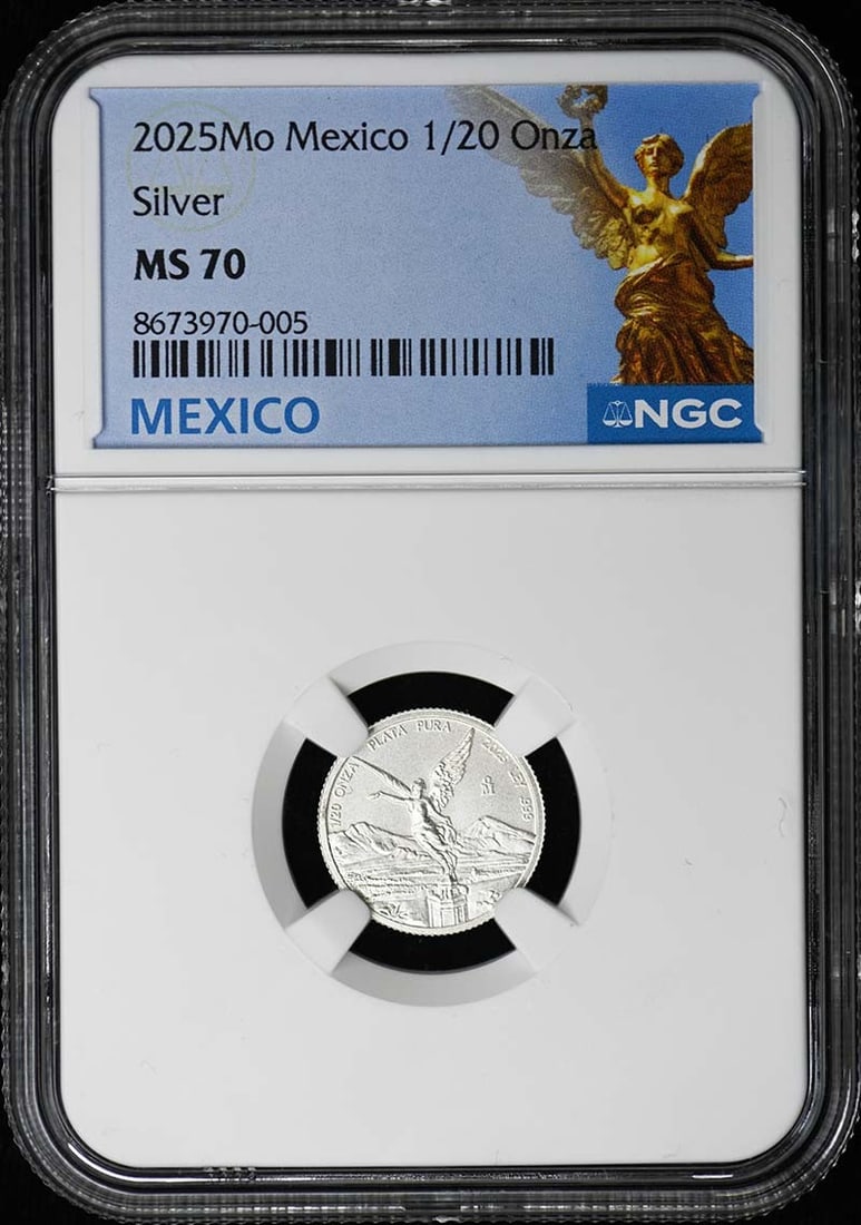 2025 NGC MS70 Mexico 1/20 Onza Silver Libertad Coin Low Mintage of 200: 2025 NGC MS70 Mexico 1/20 Onza Silver Libertad Coin Low Mintage of 200 This 2025 Mo Mexico 1/20 Onza Libertad silver coin is certified by NGC with a grade of MS70, indicating it is in perfect un-used