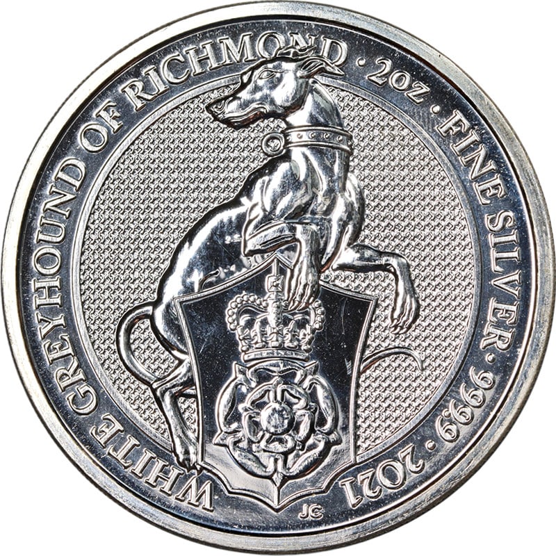 White Greyhound of Richmond 2 oz Silver Coin 2021 Great Britain .999 Fine: White Greyhound of Richmond 2 oz Silver Coin 2021 Great Britain .999 Fine This is a 2021 Great Britain 2 Ounce Silver coin featuring the White Greyhound of Richmond. Struck in .999 fine silver, the co