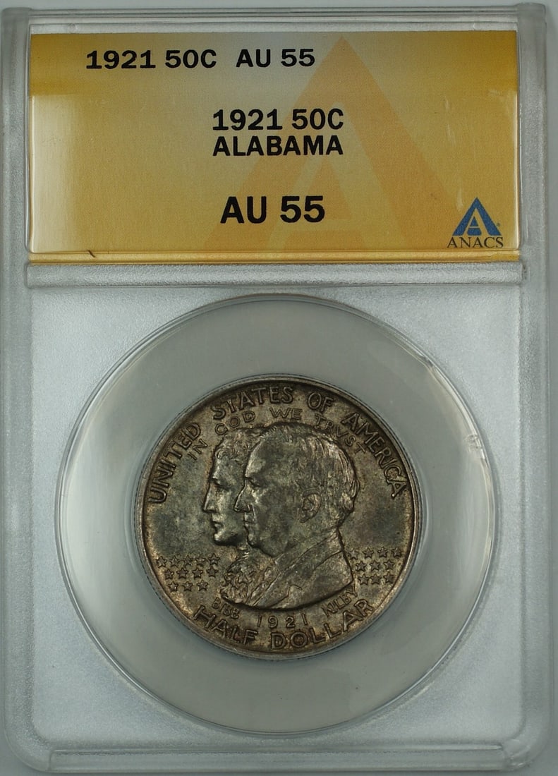 1921 Silver Alabama Half Dollar ANACS AU 55 Philadelphia Toned Commemorative: 1921 Silver Alabama Half Dollar ANACS AU 55 Philadelphia Toned Commemorative This 1921 Alabama Commemorative Silver Half Dollar is certified by ANACS with a grade of AU-55. Struck at the Philadelphia