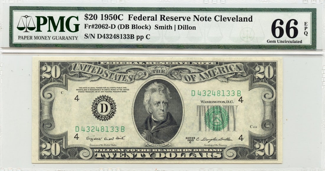 1950C $20 Federal Reserve Note Fr# 2062-D PMG Gem66 EPQ: 1950C $20 Federal Reserve Note Fr# 2062-D PMG Gem66 EPQ This 1950C $20 Federal Reserve Note from Cleveland, designated as Fr# 2062-D, is a stunning piece in Gem66 EPQ condition, certified by PMG. It i