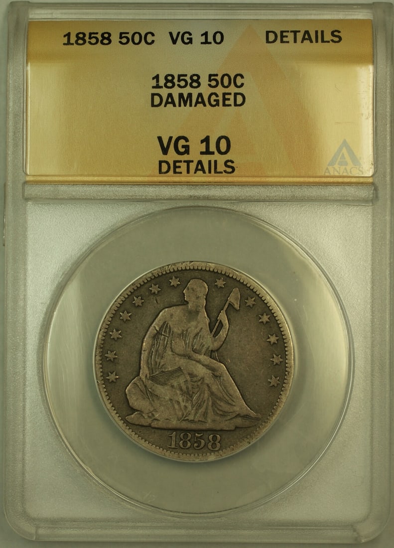 Seated Liberty 1858 Silver Half Dollar ANACS VG-10 Details Philadelphia: Seated Liberty 1858 Silver Half Dollar ANACS VG-10 Details Philadelphia This 1858 Seated Liberty Silver Half Dollar was minted in Philadelphia and is certified by ANACS with a grade of VG-10 Details.