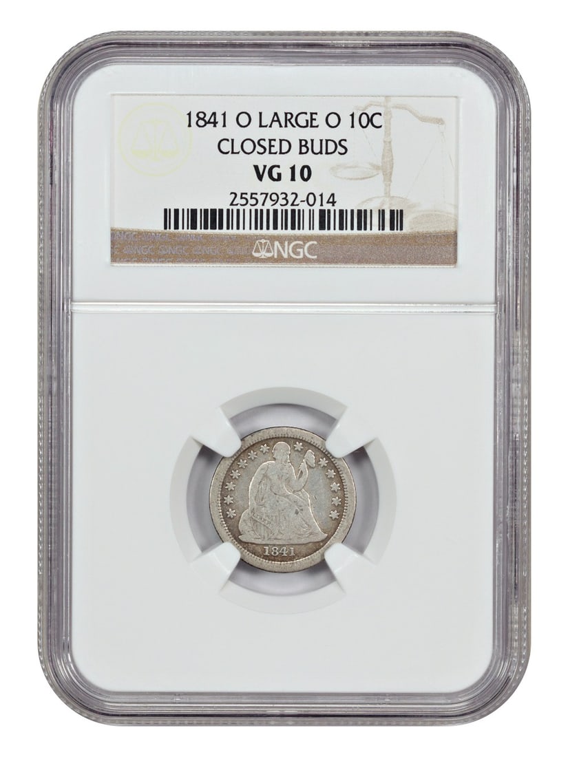 1841-O Liberty Seated Dime NGC VG10 Large O Closed Buds: 1841-O Liberty Seated Dime NGC VG10 Large O Closed Buds This 1841-O Liberty Seated Dime, certified by NGC with a grade of VG10, features the large 'O' mint mark and closed buds. The coin is in circula