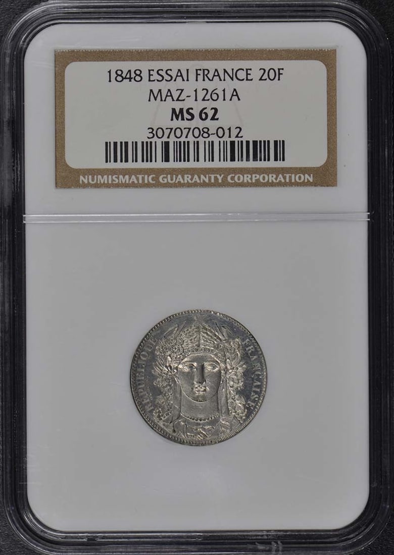 1848 France Essai 20 Francs Coin NGC MS62 Certified: 1848 France Essai 20 Francs Coin NGC MS62 Certified This stunning 1848 France Essai 20 Francs coin exemplifies uncirculated quality, graded MS62 by NGC, ensuring its high standard of preservation. A r