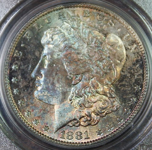 PCGS MS64 1881 San Francisco Morgan Silver Dollar Toned Example: PCGS MS64 1881 San Francisco Morgan Silver Dollar Toned Example This is an 1881-S Morgan Silver Dollar coin from the San Francisco Mint, graded MS-64 by PCGS. The coin is uncirculated and features att