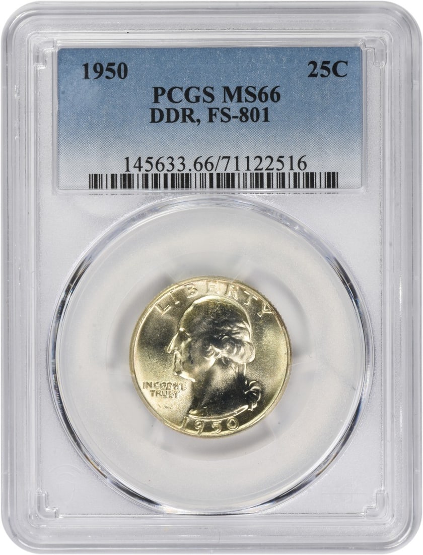 1950 DDR FS-801 Washington Quarter MS66 PCGS Certified Silver Coin: 1950 DDR FS-801 Washington Quarter MS66 PCGS Certified Silver Coin This 1950 Washington Quarter features the Doubled Die Reverse (DDR) FS-801 variety and is graded MS66 by PCGS. Struck in Philadelphia