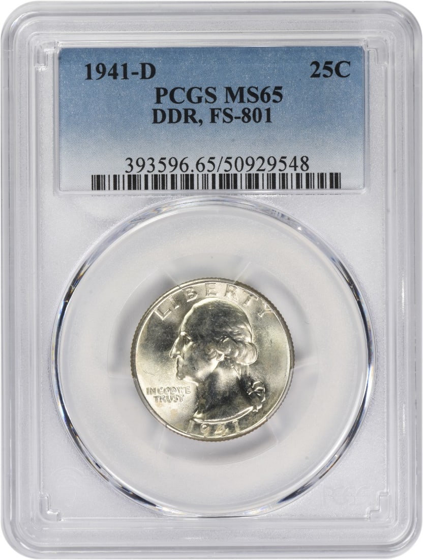 PCGS MS65 1941-D Silver Washington Quarter DDR FS-801: PCGS MS65 1941-D Silver Washington Quarter DDR FS-801 This 1941-D Washington Quarter is composed of silver and graded MS65 by PCGS. It is a DDR FS-801 variety, struck at the Denver Mint. The coin rema