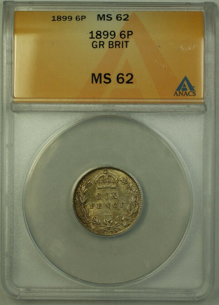 Queen Victoria 1899 Silver Sixpence ANACS MS 62 United Kingdom Coin: Queen Victoria 1899 Silver Sixpence ANACS MS 62 United Kingdom Coin This 1899 Great Britain 6 Pence coin features Queen Victoria and is composed of silver. It has been certified by ANACS with a grade