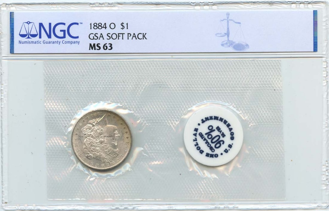 1884 O Morgan Dollar NGC MS63 Uncirculated Soft Pack: 1884 O Morgan Dollar NGC MS63 Uncirculated Soft Pack This 1884 O Morgan Dollar is a stunning piece, certified by NGC with a grade of MS63, indicating its uncirculated condition. Struck in Philadelphia