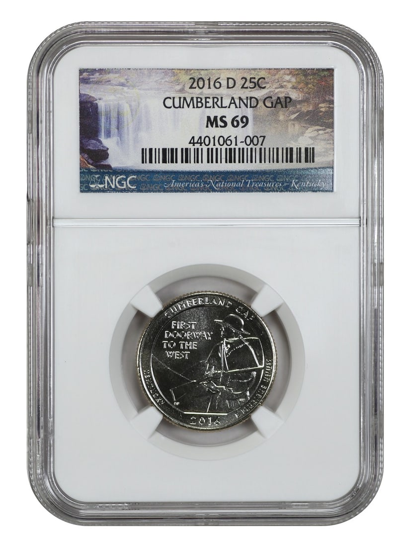 2016-D 25C Cumberland Gap National Park NGC MS69 Type 1 Clad Coin: 2016-D 25C Cumberland Gap National Park NGC MS69 Type 1 Clad Coin This 2016-D Cumberland Gap National Historical Park Quarter is certified by NGC with a grade of MS69, indicating its uncirculated cond