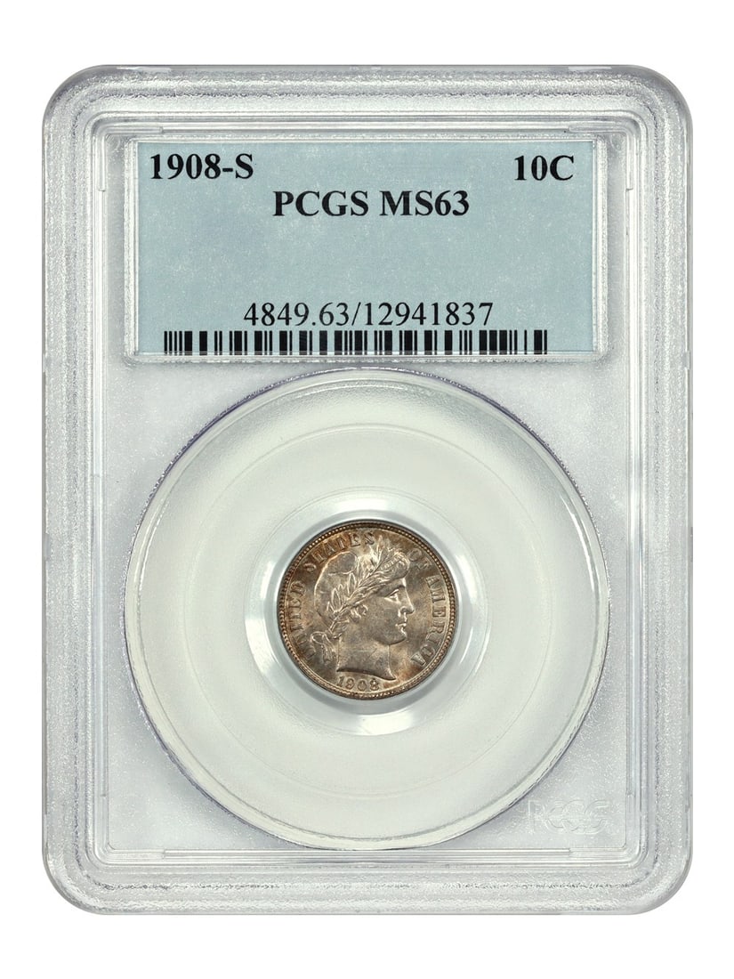 PCGS MS63 1908 San Francisco Barber Dime Ten Cent Coin: PCGS MS63 1908 San Francisco Barber Dime Ten Cent Coin This is a 1908-S Barber Dime graded MS63 by PCGS. Minted in San Francisco, this uncirculated 10-cent coin is part of the Barber Dime series and h